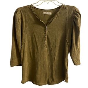 We The Free Olive Green Puff Sleeve Henley Top